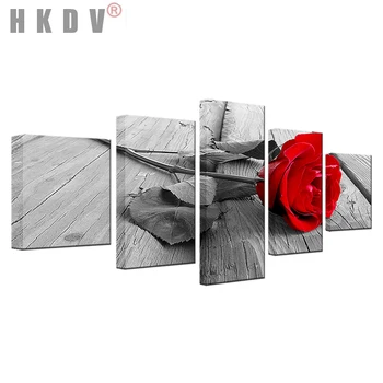 HKDV Abstraktné 5 Panely Plátne Obrazy Plagáty Vytlačí Červené Ruže, Kvety Gauč Wall Art Obrázky Domova Obývacia Izba bez rámu